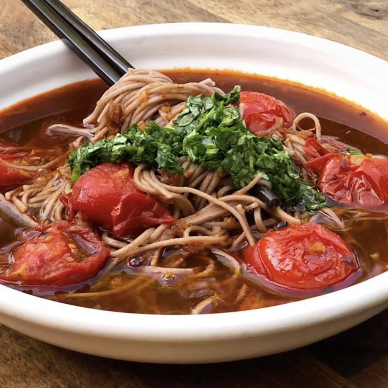 Easy Tomato Tom Yum with Organic Lamb Broth and Buckwheat Noodles