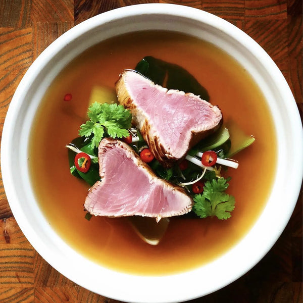 Seared Tuna with Bok Choy, Sesame, Ginger and Organic Broth.