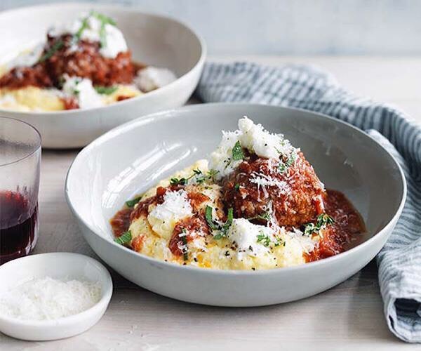 Prosciutto-Wrapped Meatballs with Parmesan Polenta